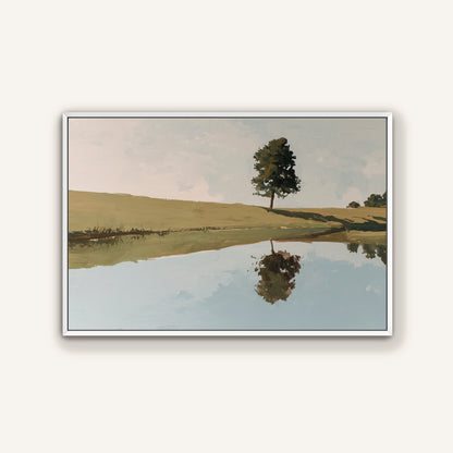 a serene landscape with a lone tree standing in a field, its reflection mirrored in the still water below.