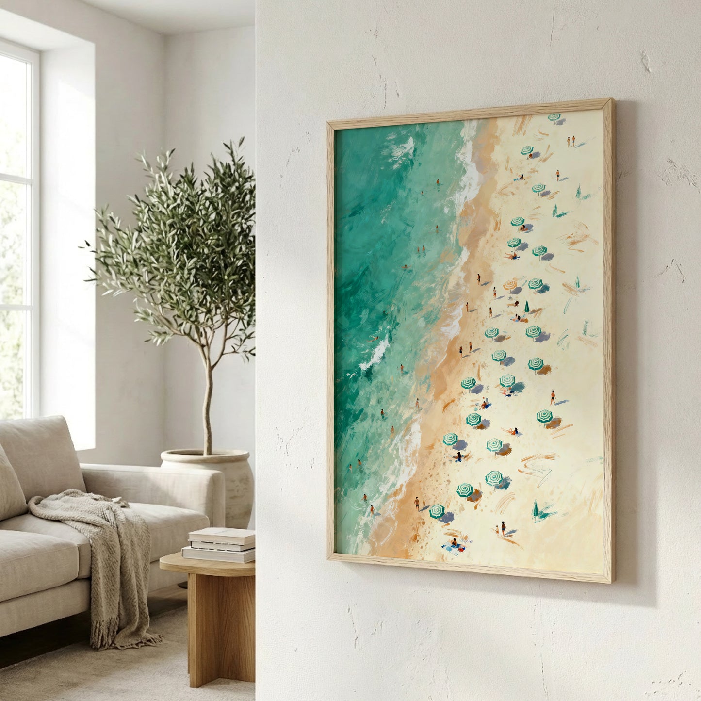 a framed painting of a beach scene with people enjoying the sun and sand, as well as a potted plant and a bookshelf in the background.