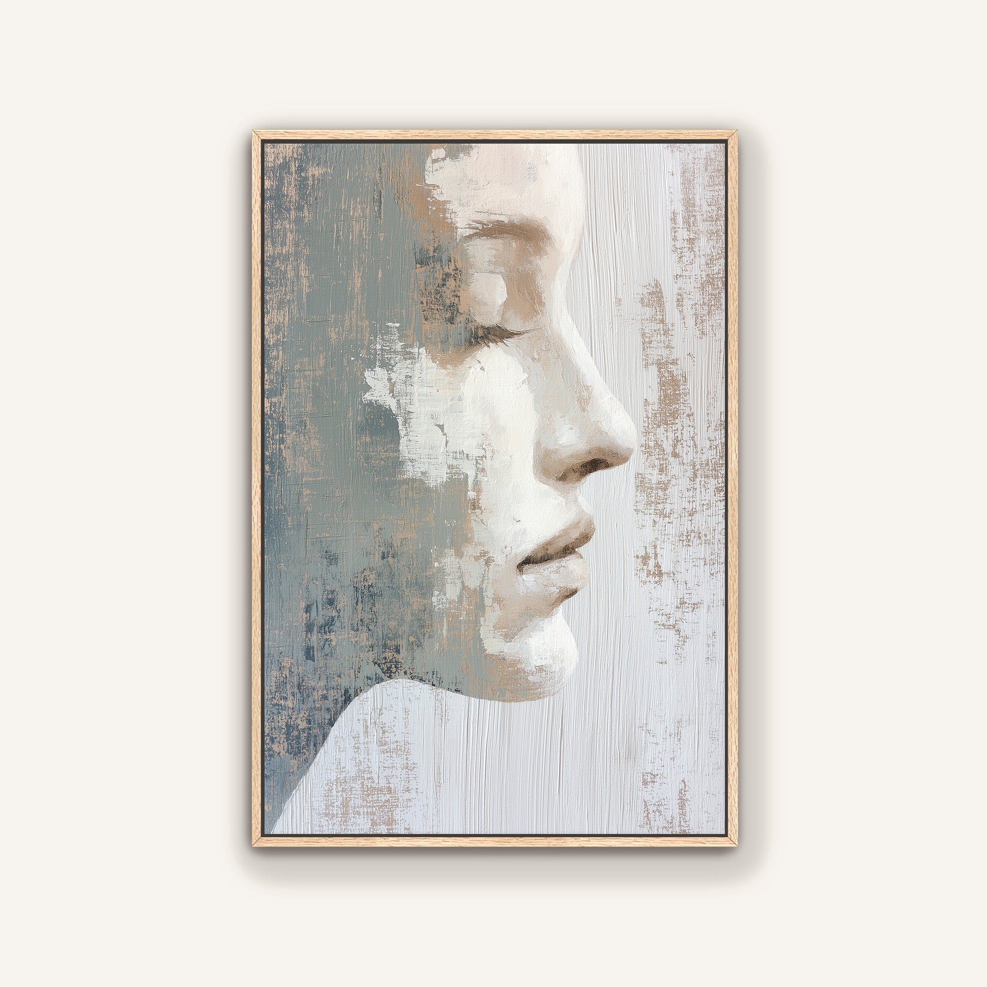 The image is a framed painting depicting a close-up profile view of a person's face, with a neutral color palette and a textured background.