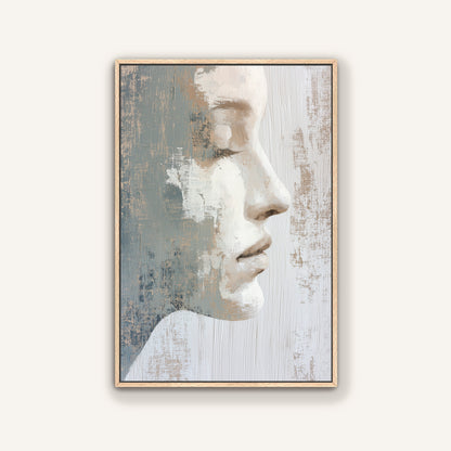 The image is a framed painting depicting a close-up profile view of a person's face, with a neutral color palette and a textured background.