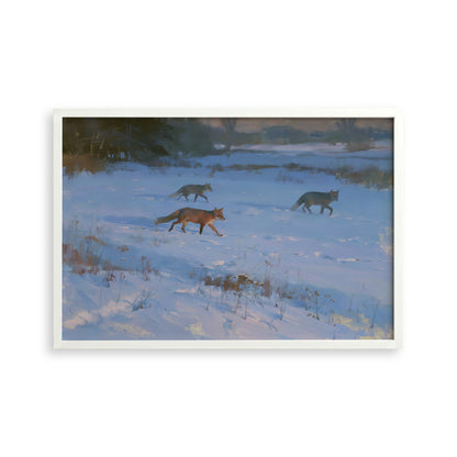 three foxes walking through a snowy field.