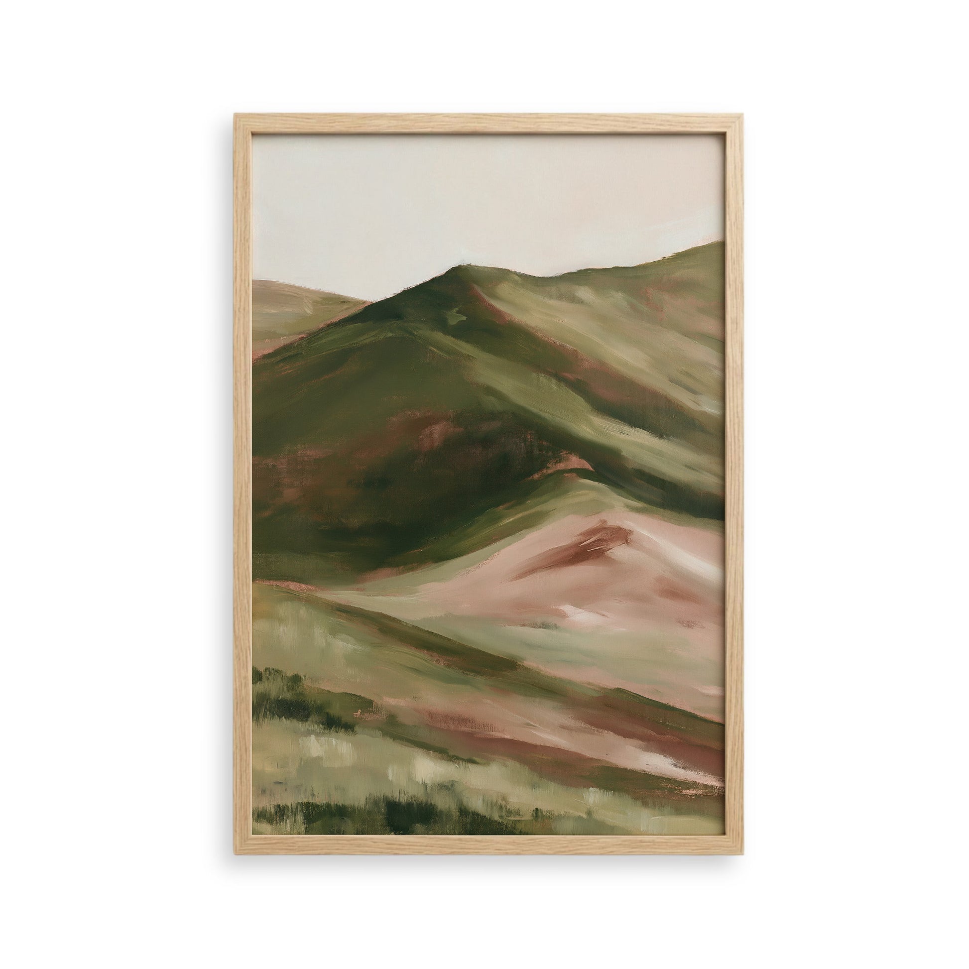 The image is a framed painting depicting a landscape with rolling hills and mountains in shades of green and brown.