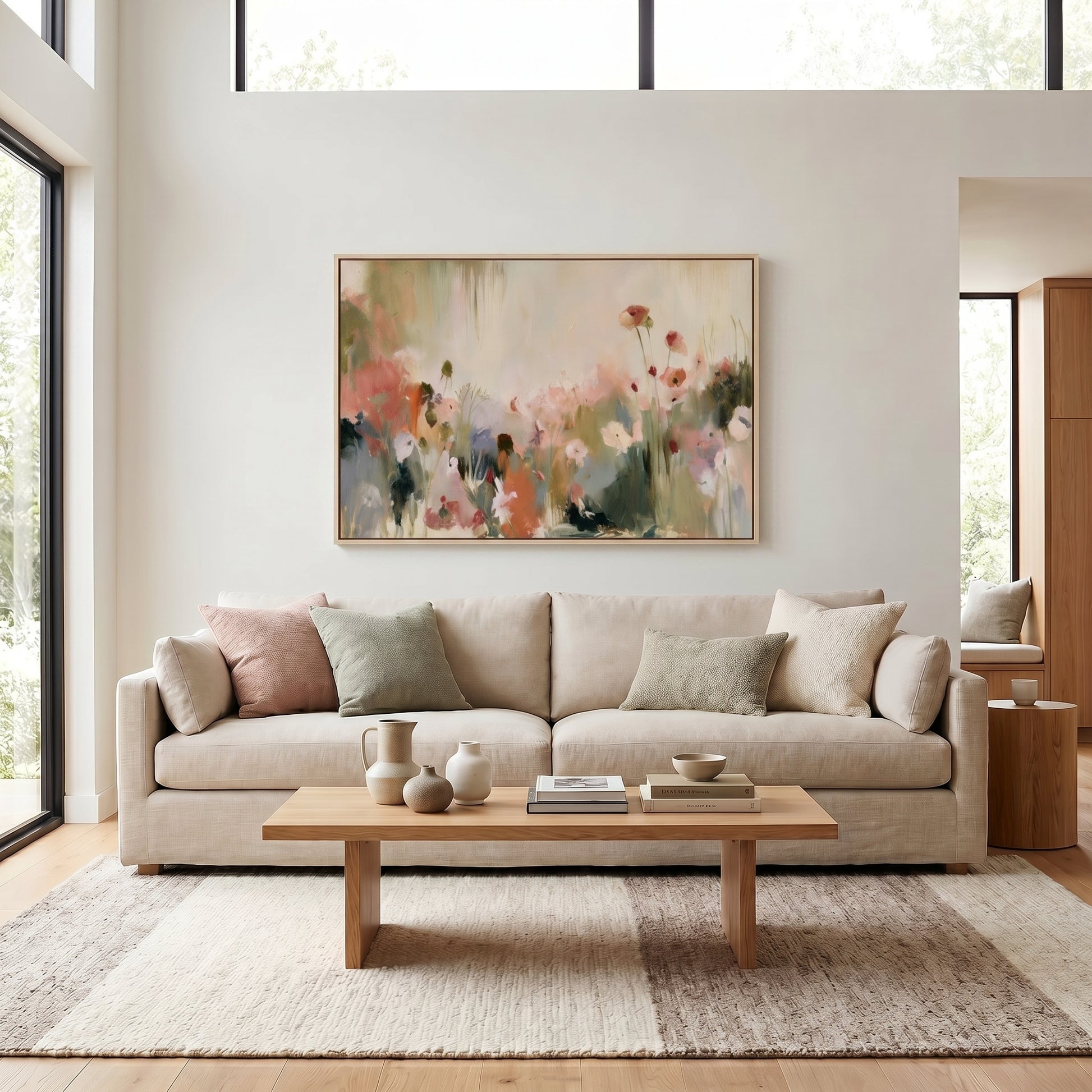 a modern living room with a large window, a beige sofa, a wooden coffee table, and a framed painting of flowers on the wall.