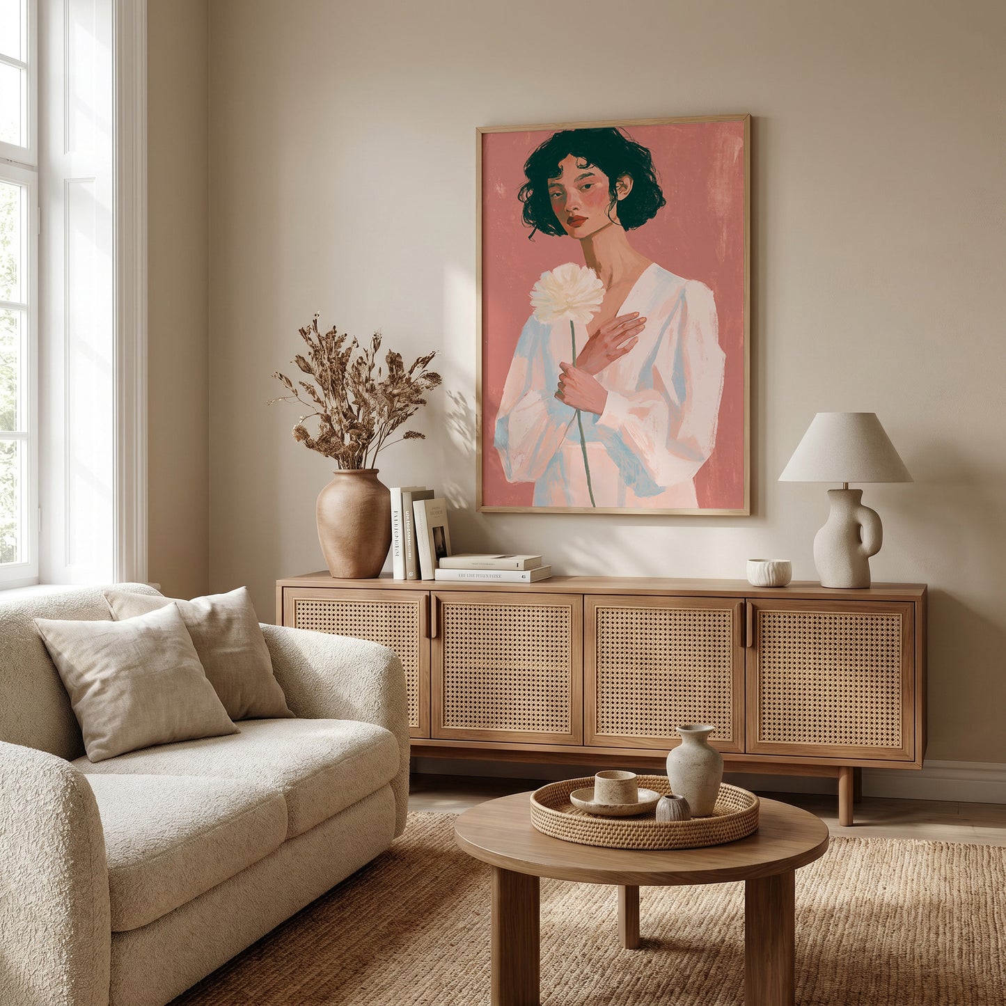 a cozy living room with a large framed painting of a woman holding a flower on the wall. The room is furnished with a beige sofa, a wooden sideboard, and a round coffee table. There are also some decorative elements such as a vase, a lamp, and a book on the sideboard.