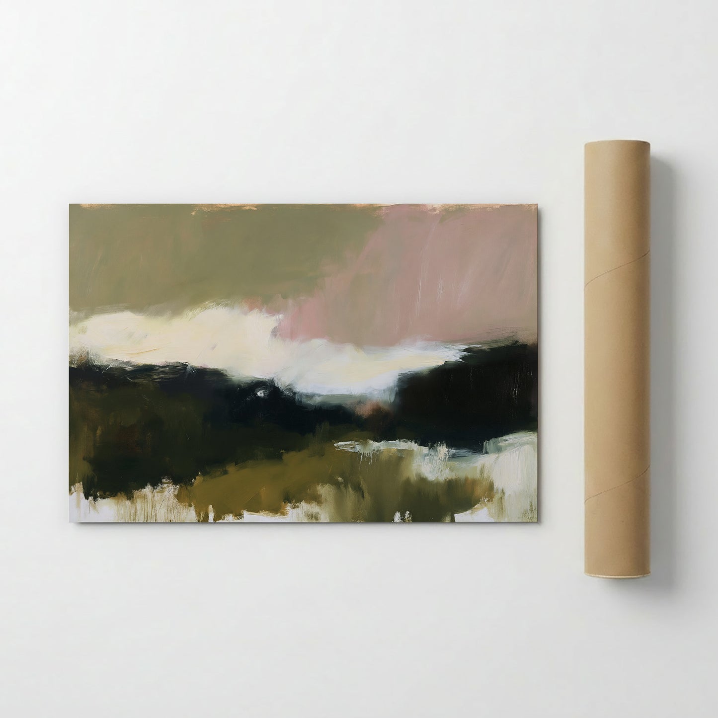 The image is a painting of a landscape with a green and brown color palette, depicting a serene and natural scene.