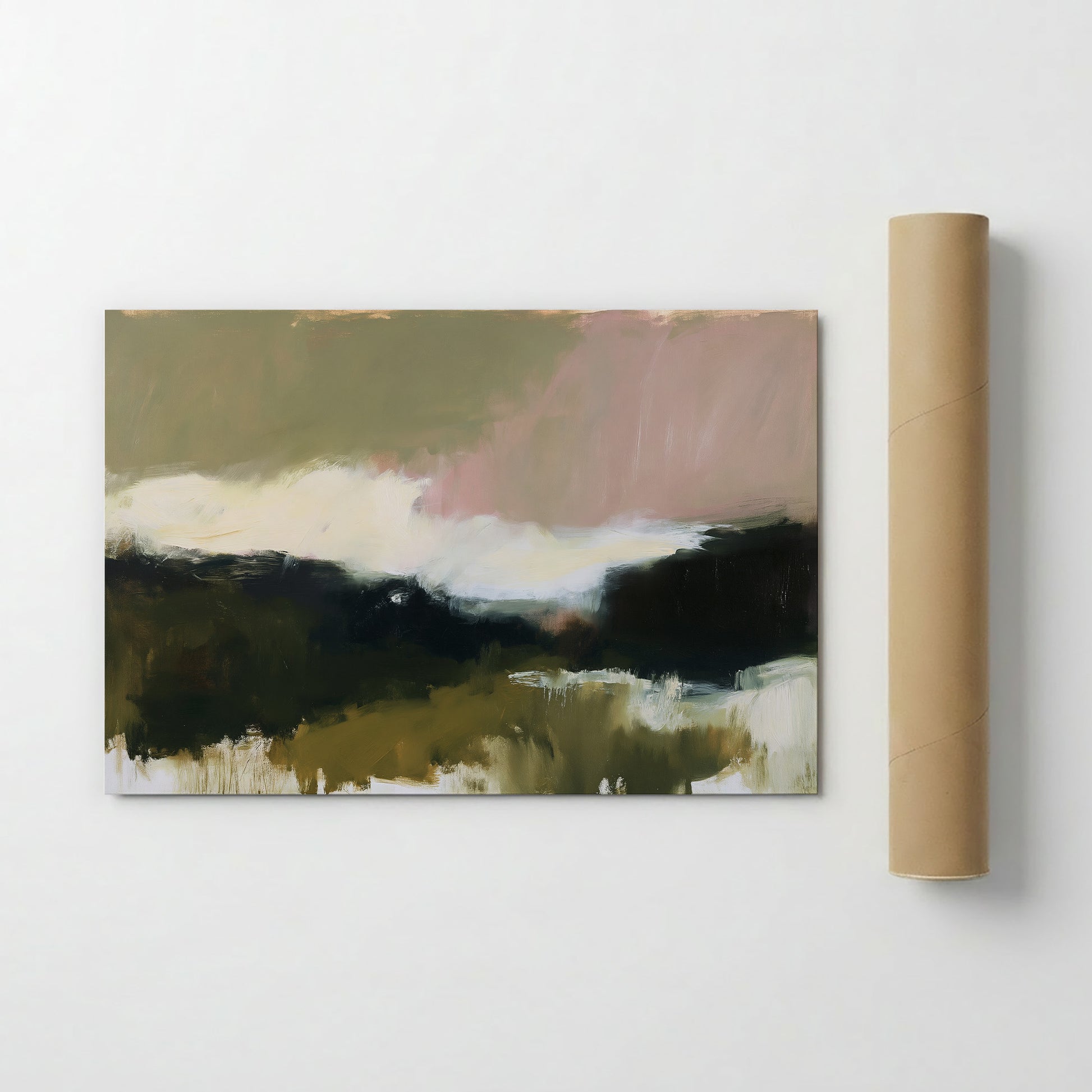 The image is a painting of a landscape with a green and brown color palette, depicting a serene and natural scene.