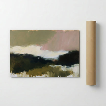 The image is a painting of a landscape with a green and brown color palette, depicting a serene and natural scene.