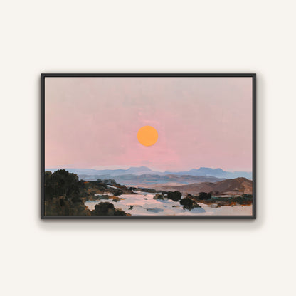a serene landscape with a large orange sun in the sky, surrounded by mountains and trees.
