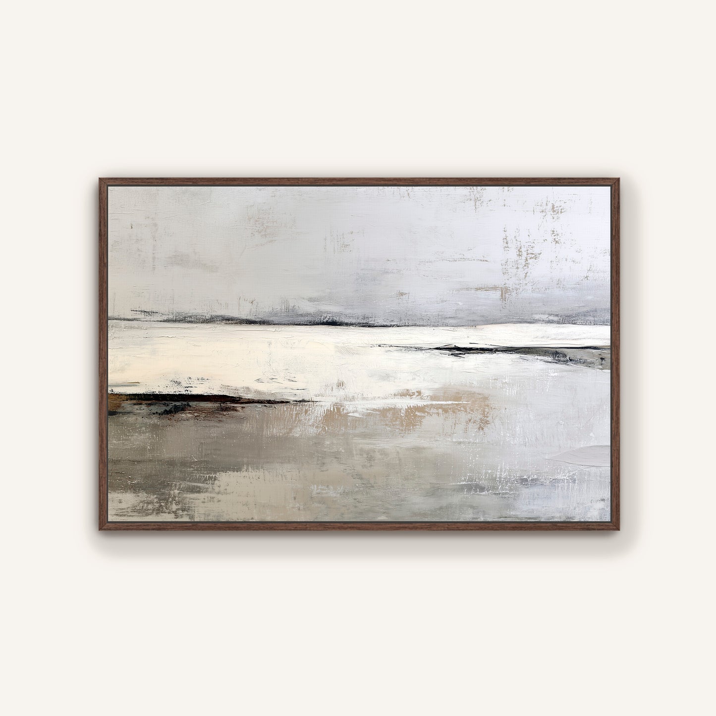 The image is a framed abstract landscape painting depicting a serene, expansive scene of a body of water or sea.