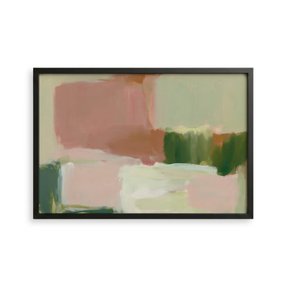 The image is an abstract painting with a mix of pink, green, and white colors.