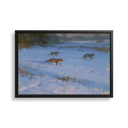 three foxes walking through a snowy field.