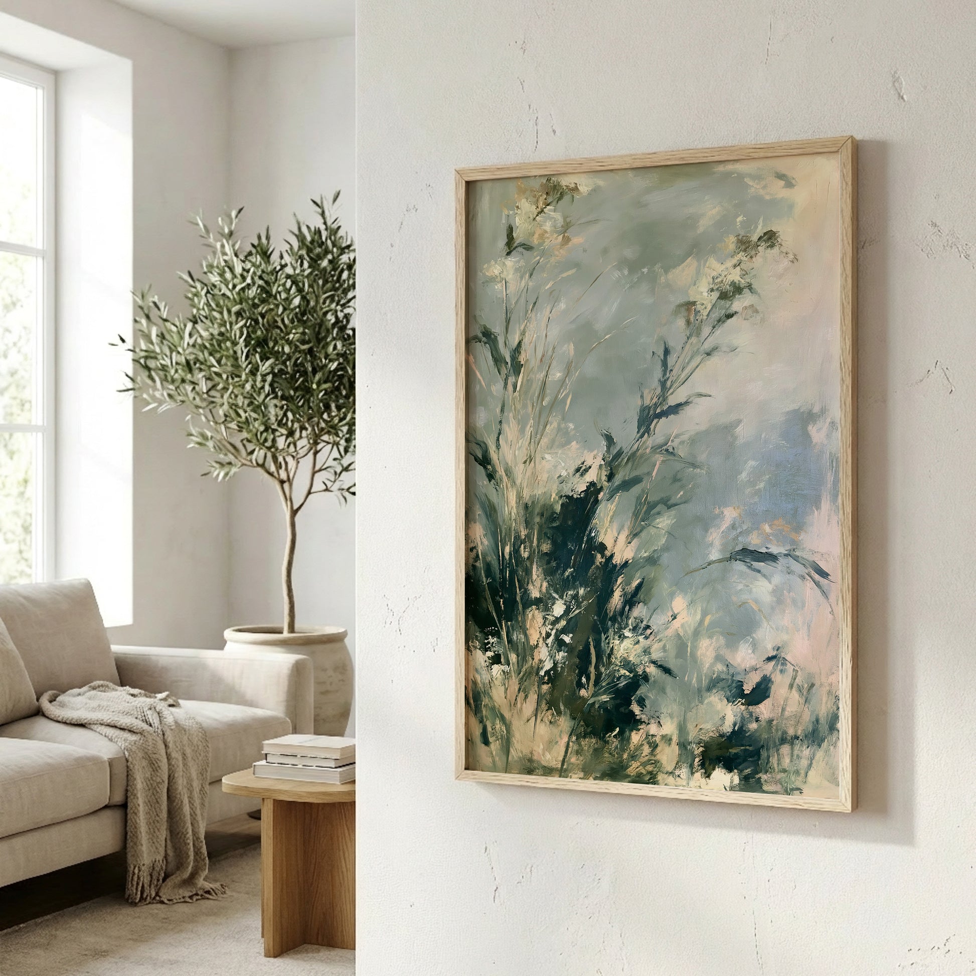 a living room with a large painting of a lush green landscape hanging on the wall, a comfortable couch, and a potted plant in the corner.