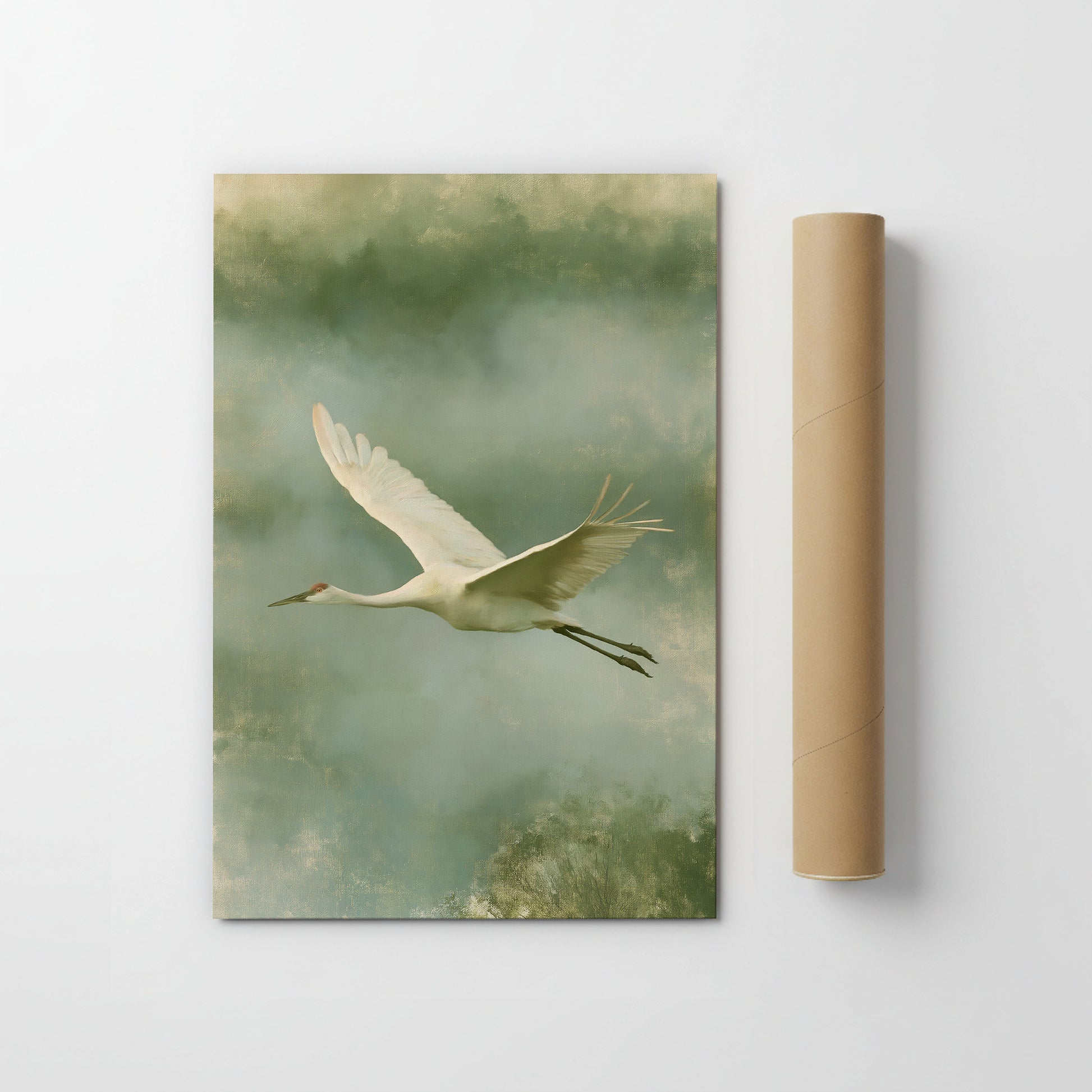 A white crane with outstretched wings is depicted in flight against a green, misty background.