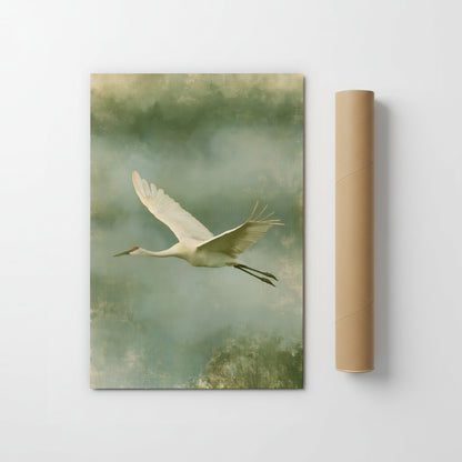 A white crane with outstretched wings is depicted in flight against a green, misty background.