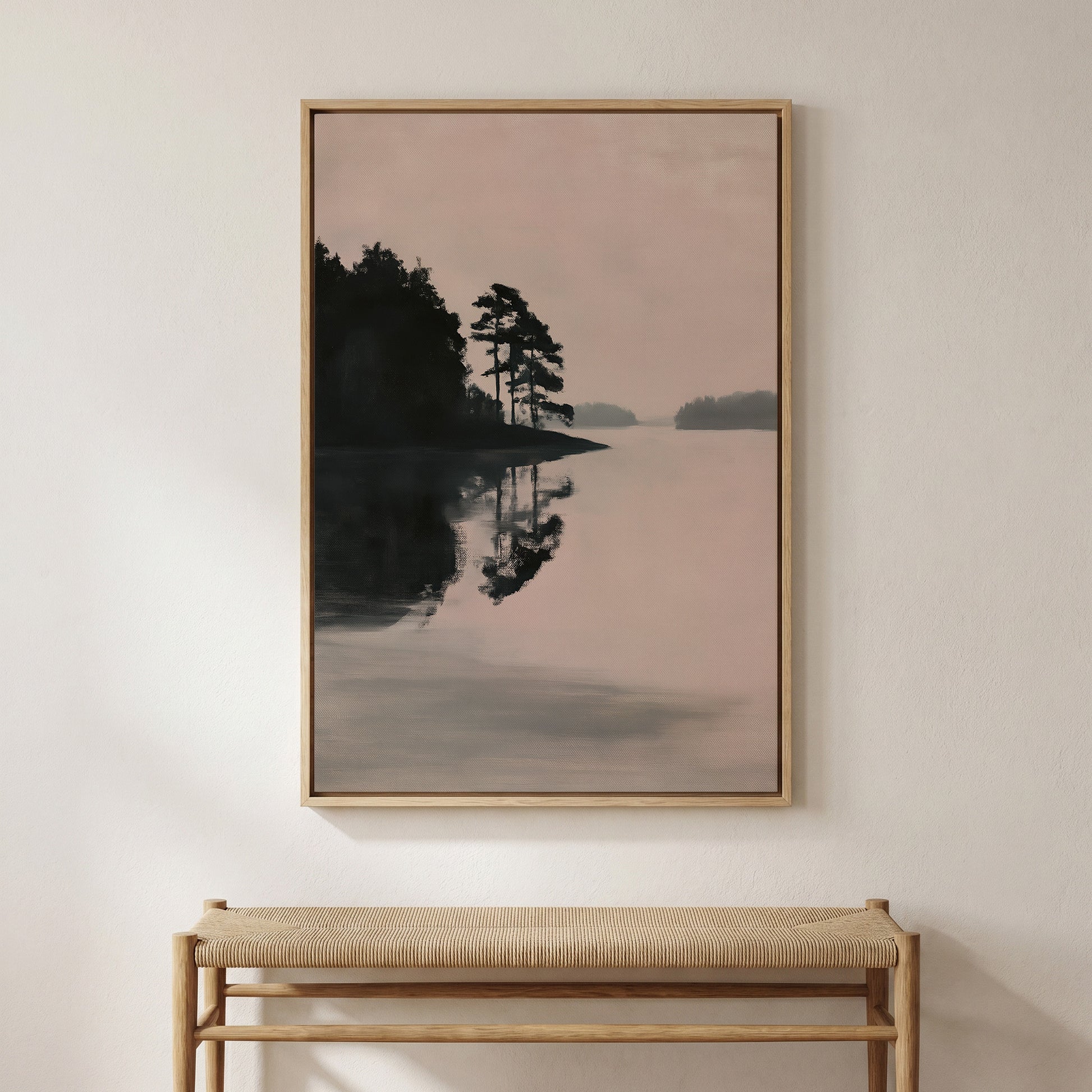 a serene landscape with a lake and trees in the background, creating a peaceful and calming atmosphere.
