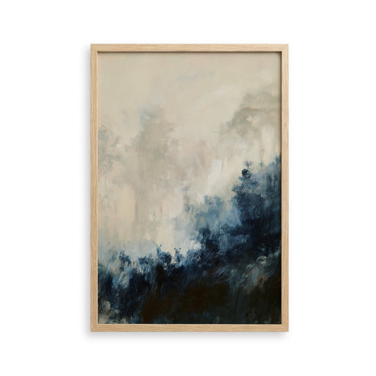 The image is an abstract painting with a predominantly blue and white color palette, featuring a landscape scene with trees and clouds.