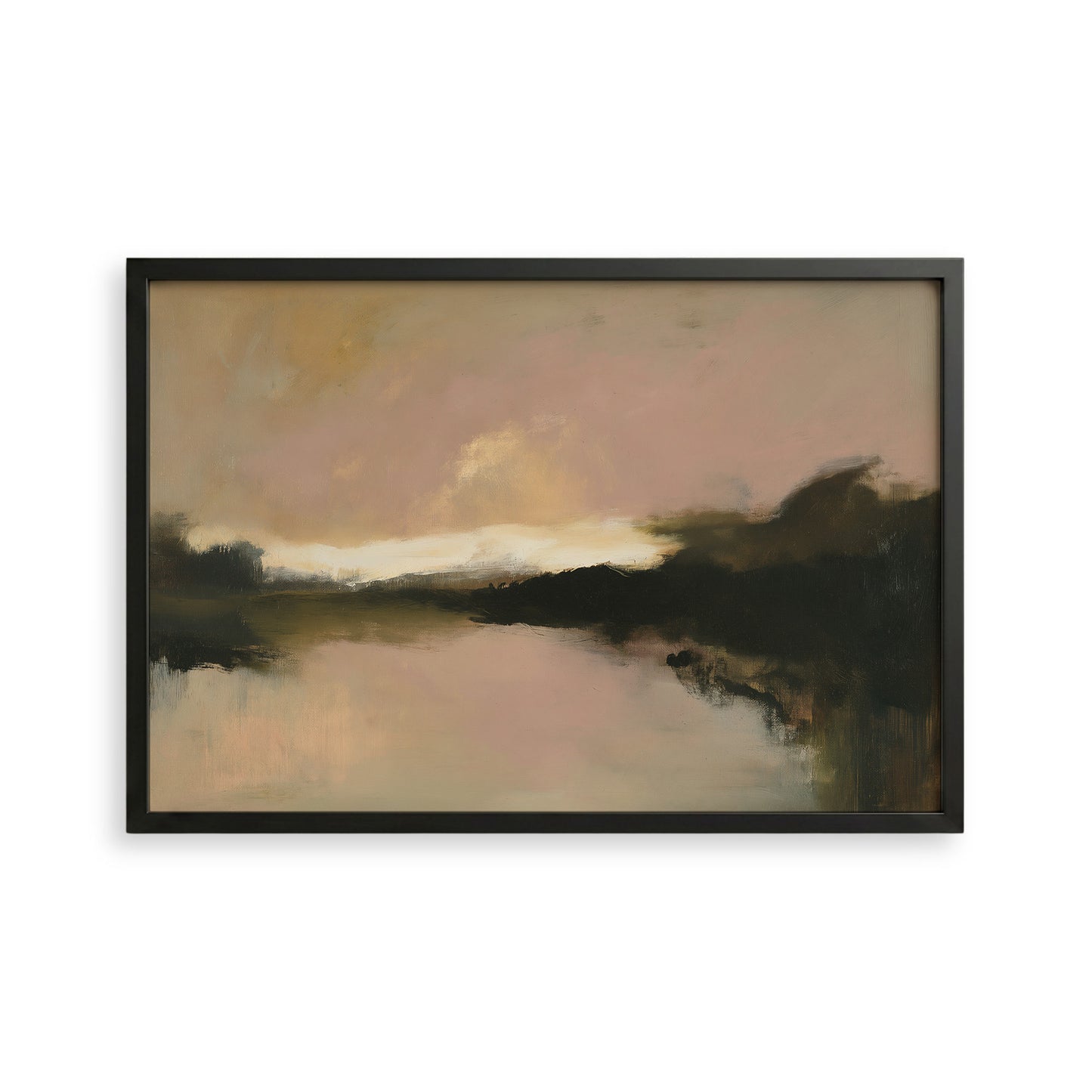 The image is an abstract landscape painting featuring a serene scene of a body of water, possibly a lake or river, with a cloudy sky in the background.