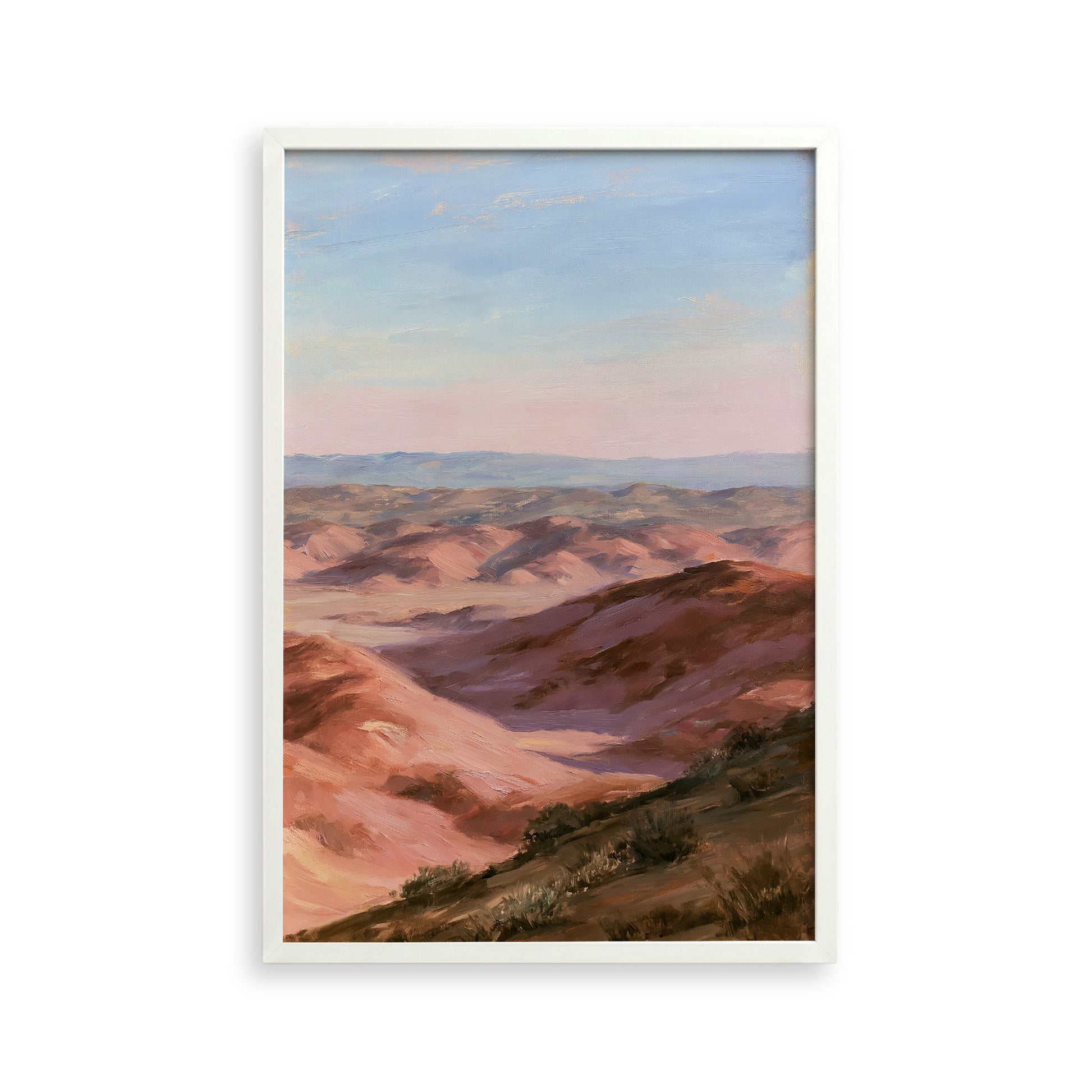 The image is a painting of a mountainous landscape with a blue sky and clouds in the background.