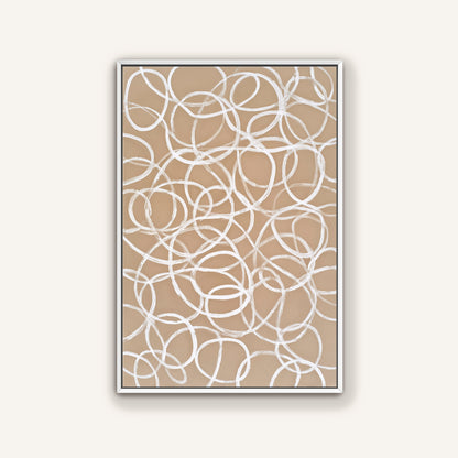 a square frame with a repeating pattern of white circles on a beige background.