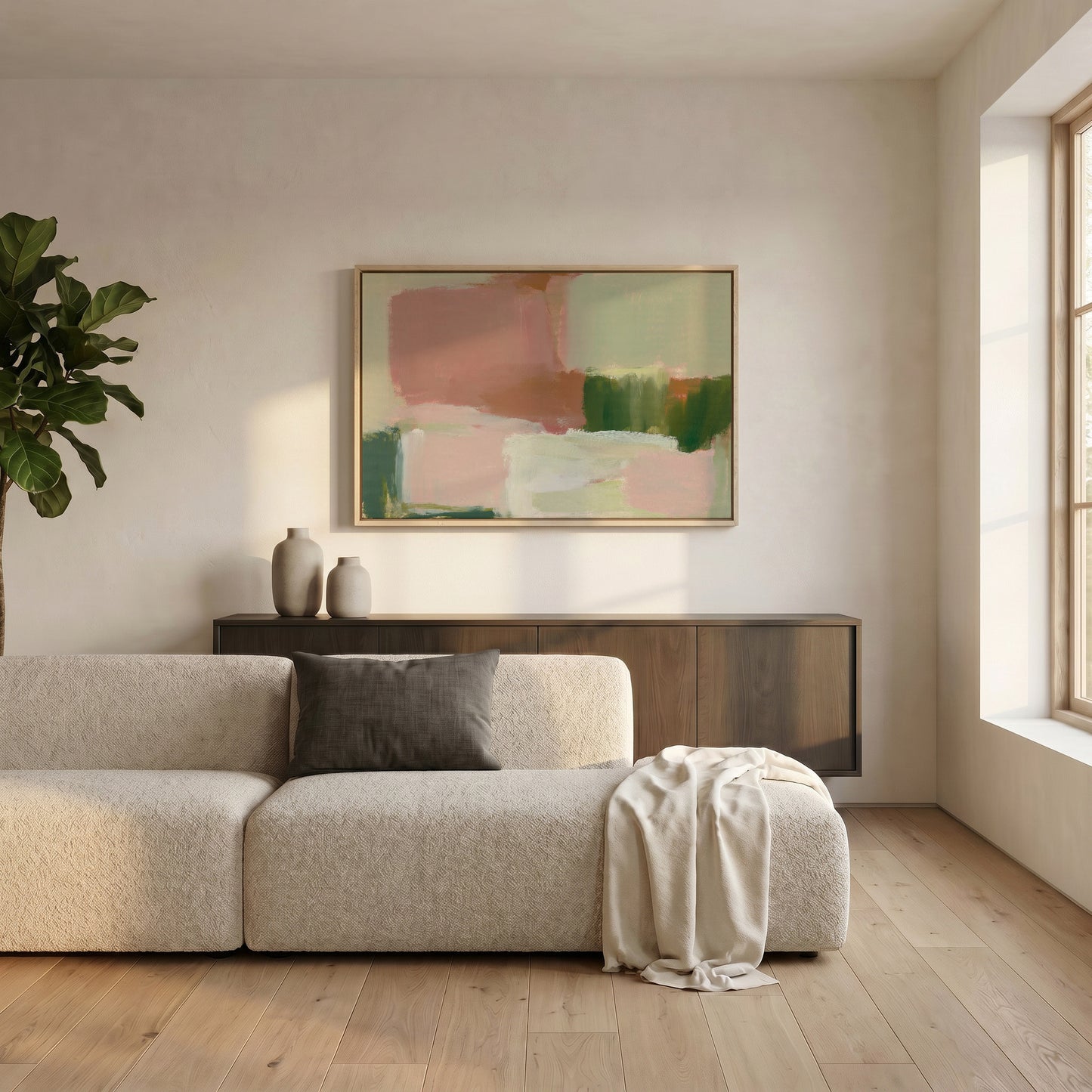 a modern living room with a large abstract painting on the wall, a white sofa, a wooden cabinet, and a large window.