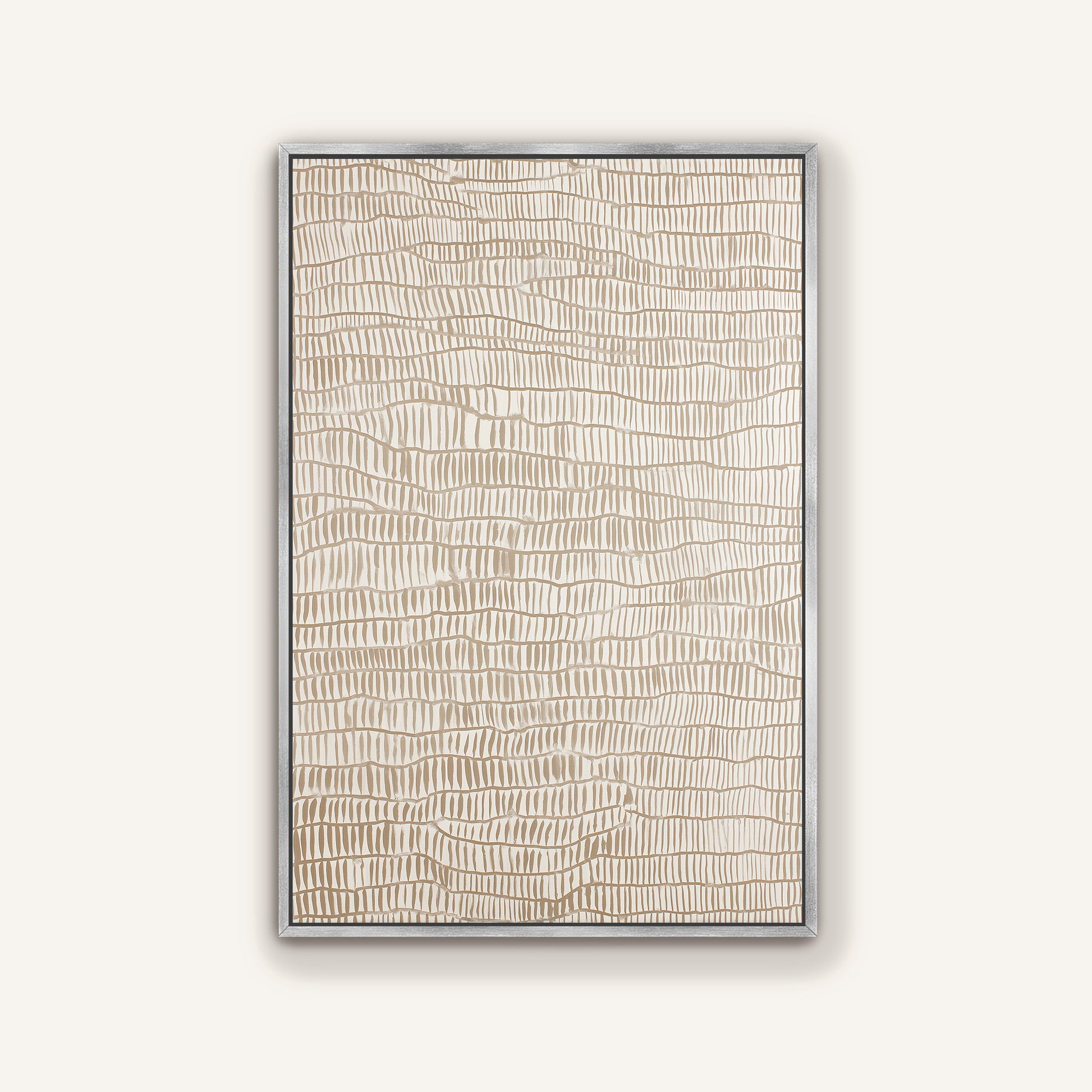 a rectangular artwork with a textured, abstract design in shades of beige and brown.