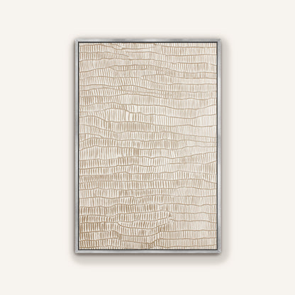 a rectangular artwork with a textured, abstract design in shades of beige and brown.