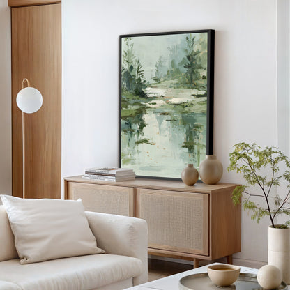 a serene living room with a large painting of a forest scene hanging on the wall above a wooden cabinet. The cabinet has two vases and a stack of books on top. The room also features a white sofa, a potted plant, and a bowl on a coffee table.
