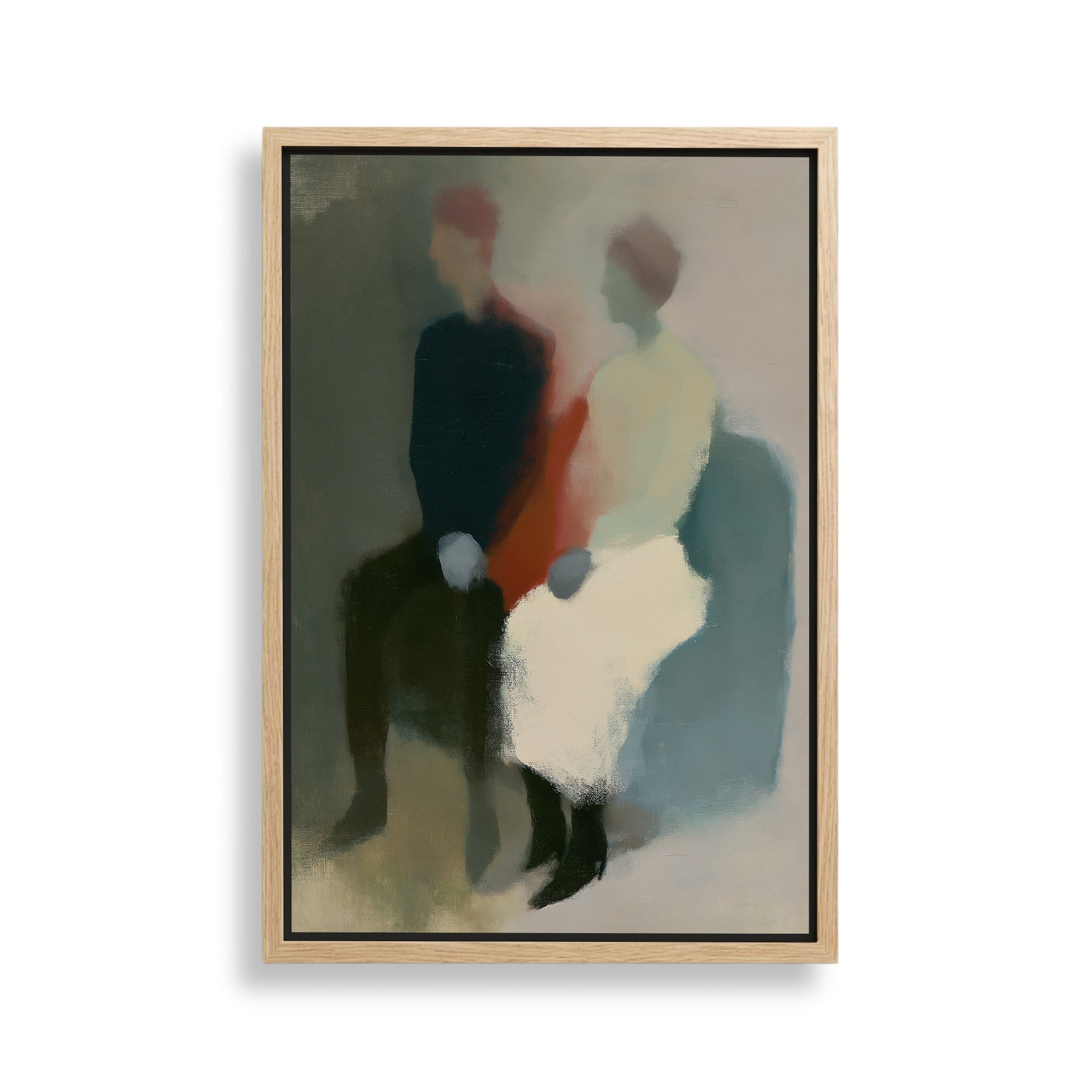 The image is an abstract painting featuring two figures sitting together, with a focus on the interplay of colors and brushstrokes.