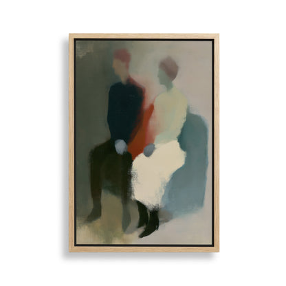The image is an abstract painting featuring two figures sitting together, with a focus on the interplay of colors and brushstrokes.