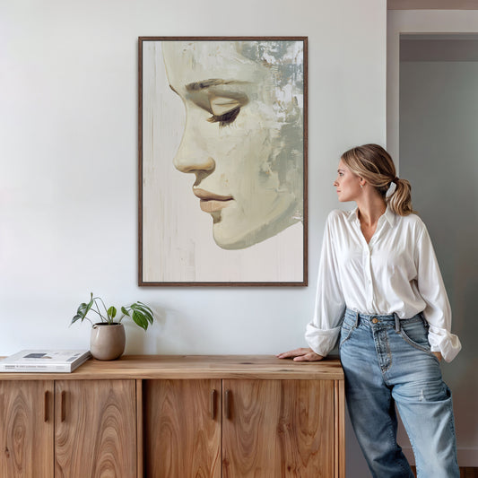 A woman stands in a room, leaning against a wooden cabinet, with a large framed portrait of a woman's face hanging on the wall above her.