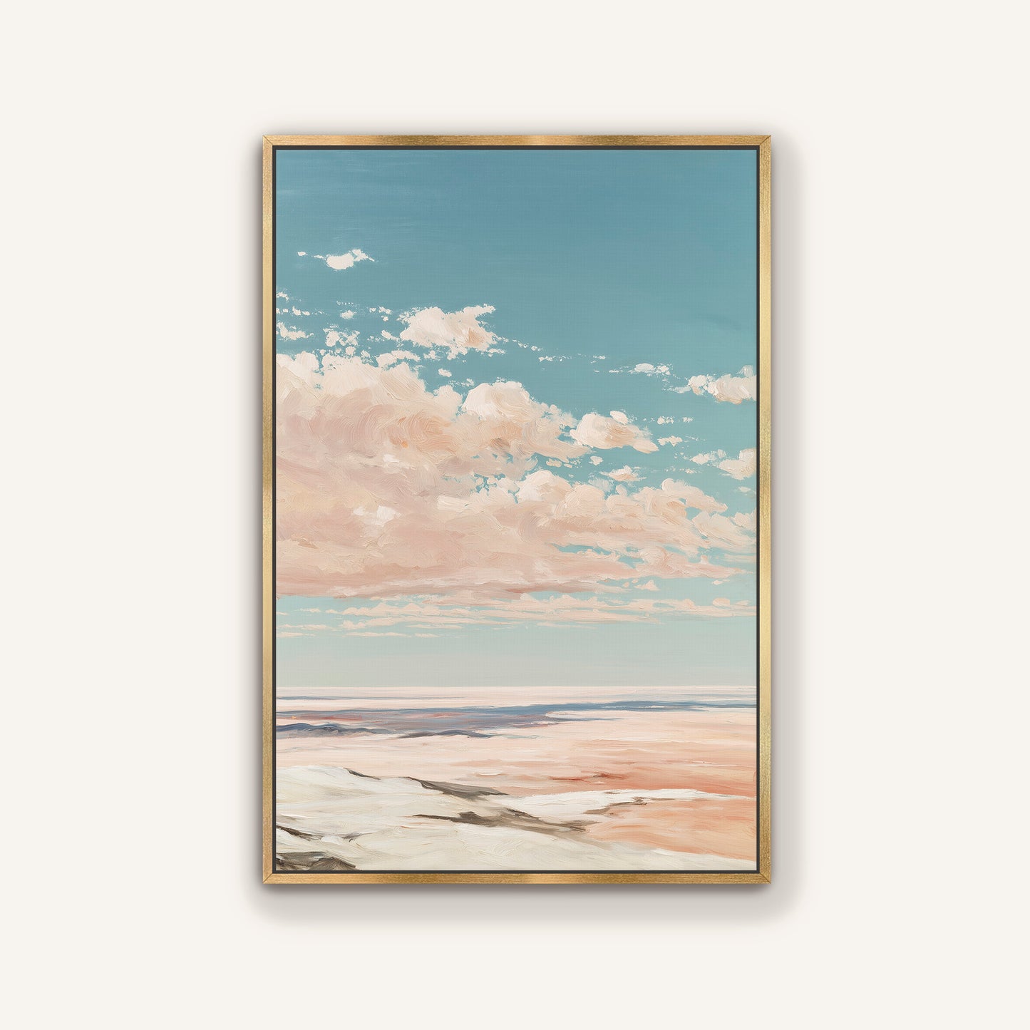 The image is a framed painting depicting a serene landscape with a blue sky, fluffy white clouds, and a sandy beach in the foreground.