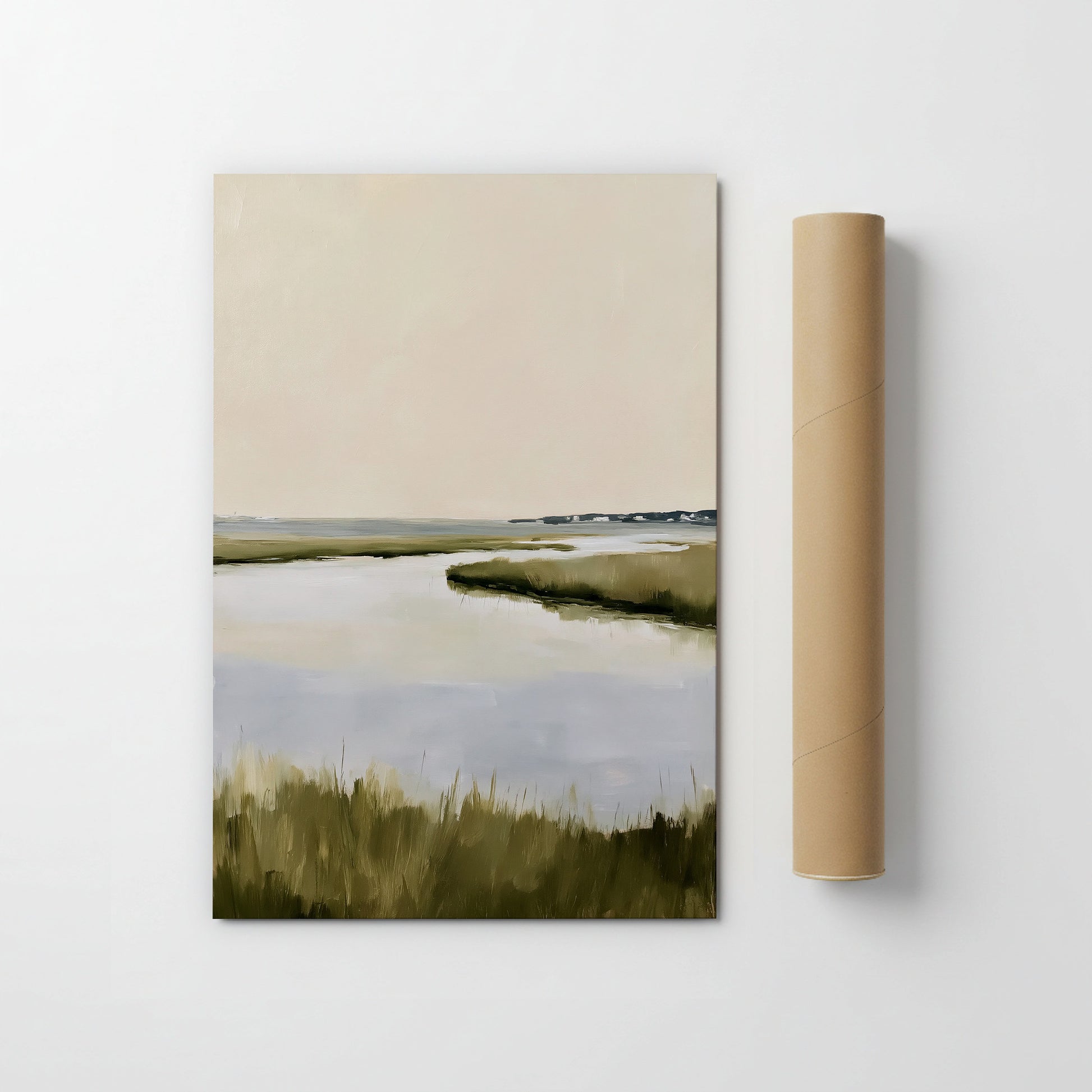The image is a painting of a serene landscape depicting a calm body of water surrounded by grassy terrain.
