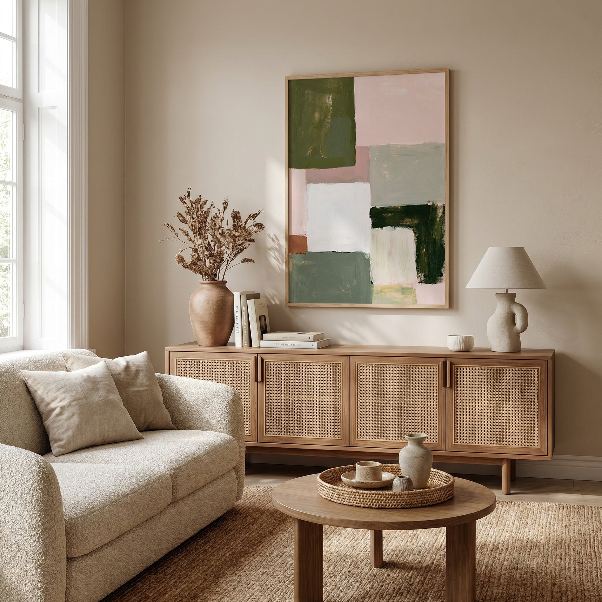a cozy living room with a beige sofa, a wooden sideboard, and a large abstract painting on the wall.