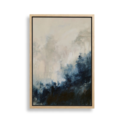 The image is an abstract painting with a predominantly blue and white color palette, featuring a landscape scene with trees and clouds.