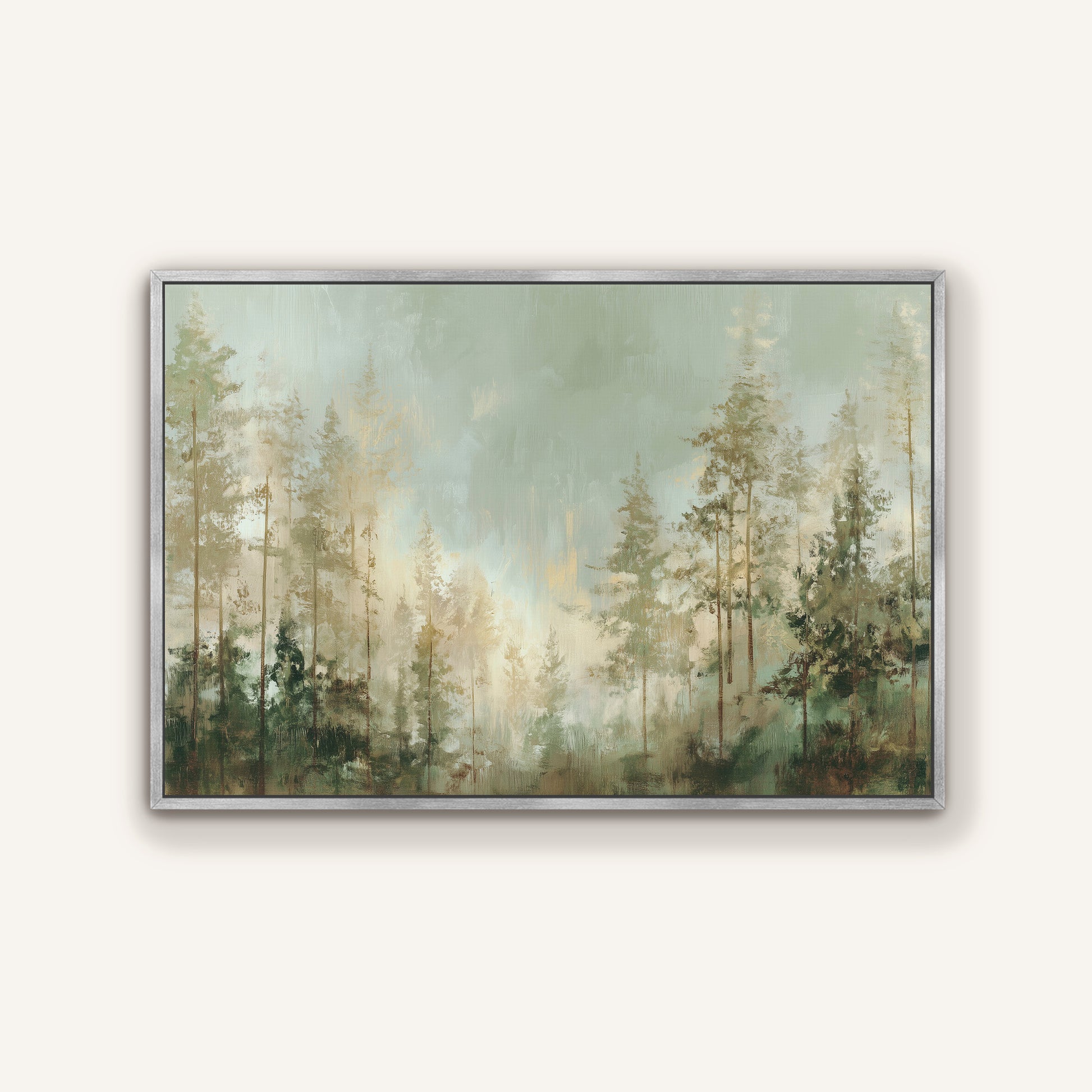 The image is a painting of a forest scene with tall trees and a misty, hazy atmosphere.
