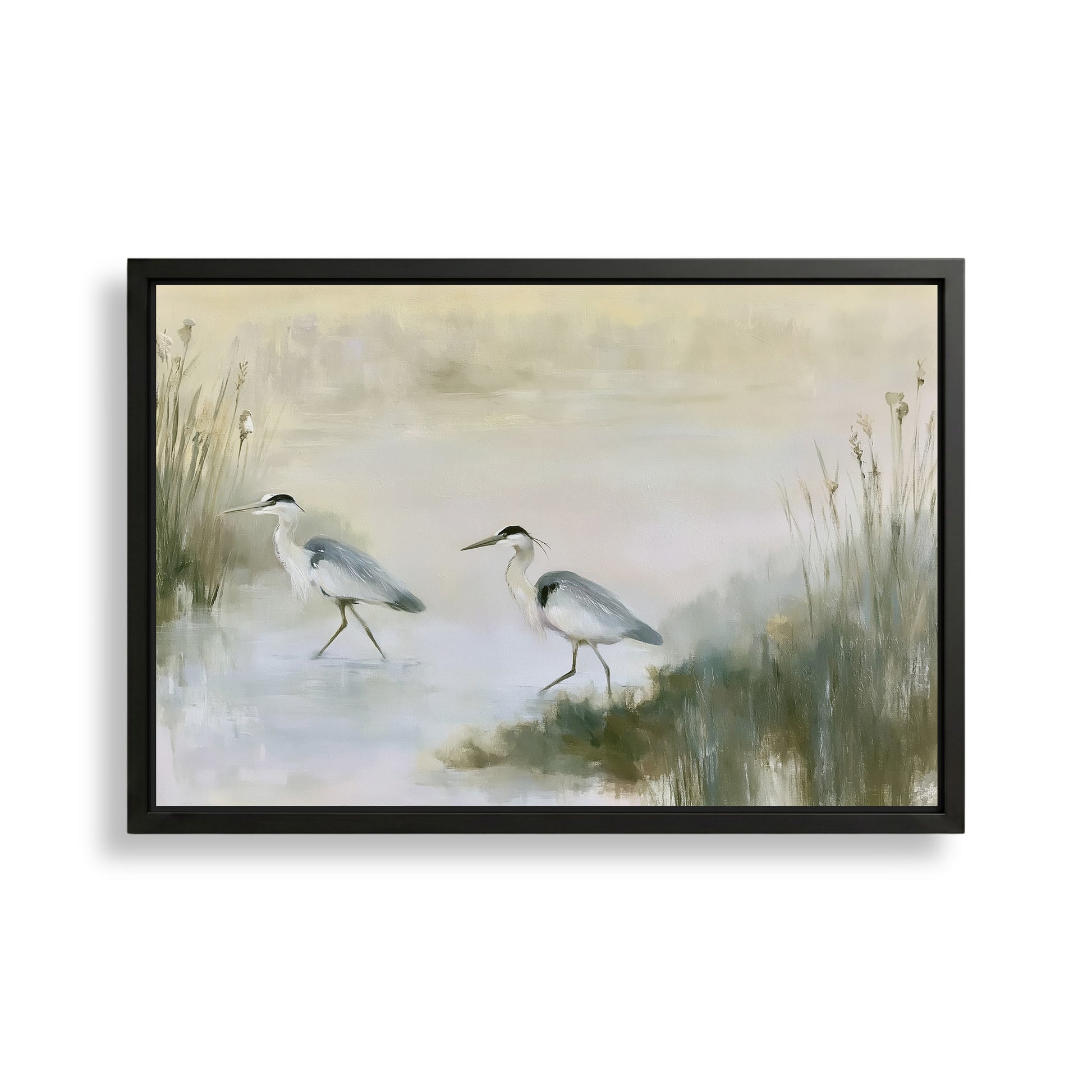 two birds walking in a field with tall grass and reeds.