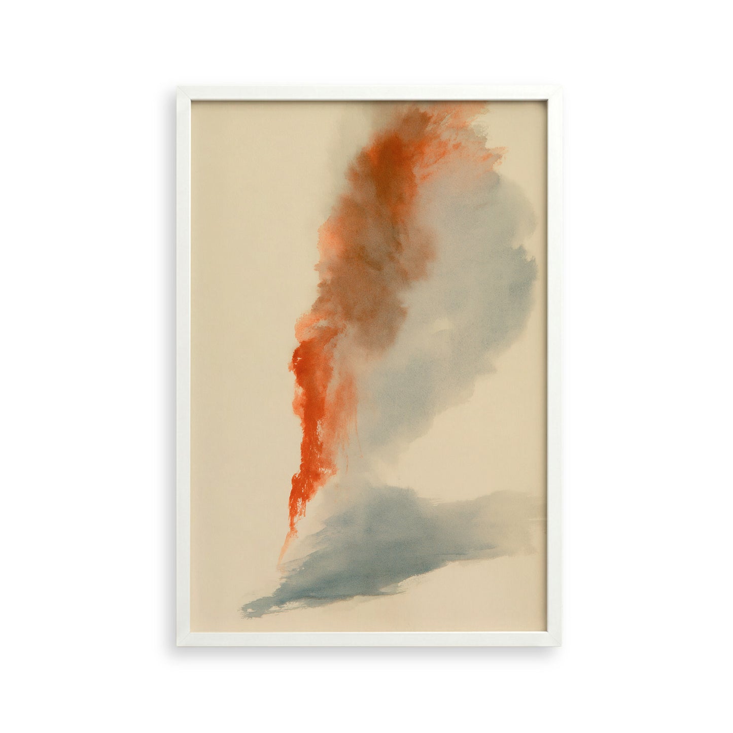 The image is a framed abstract painting with a large, vibrant orange and red cloud-like shape dominating the frame.