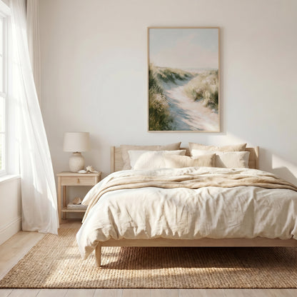 a serene bedroom with a large bed, a nightstand, and a painting of a beach scene on the wall.