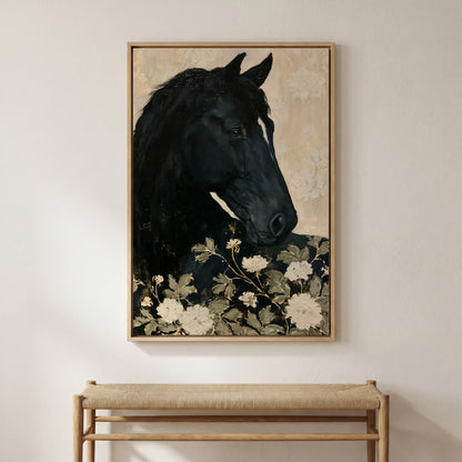 a large black horse with a floral background, hanging on a wall above a wooden bench.