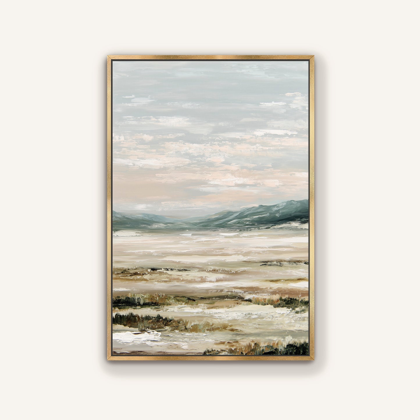 The image is a framed painting depicting a serene landscape with a body of water and mountains in the background.