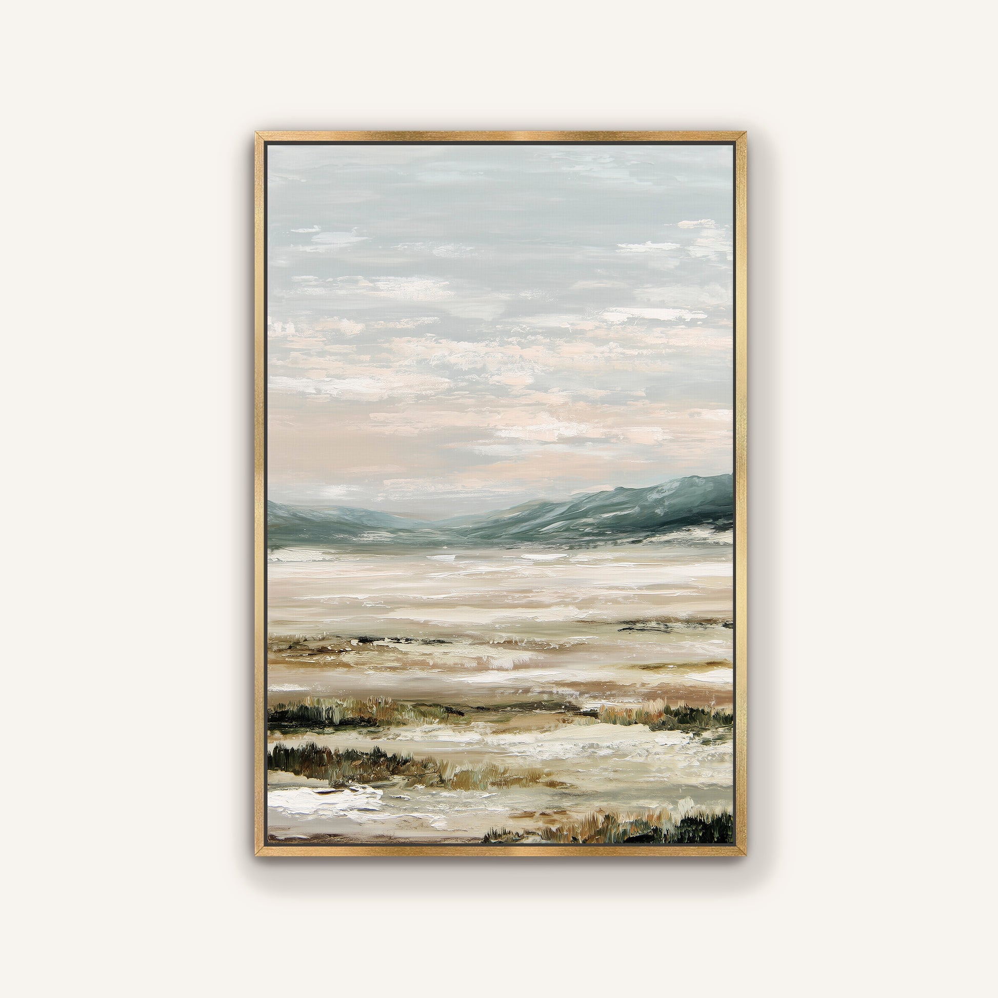 The image is a framed painting depicting a serene landscape with a body of water and mountains in the background.
