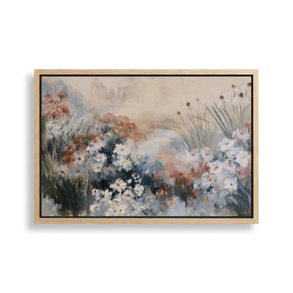 The image is a painting of a field of flowers with a mix of pink, white, and blue colors.