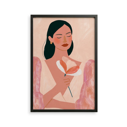 The image is a framed illustration of a woman holding a flower.