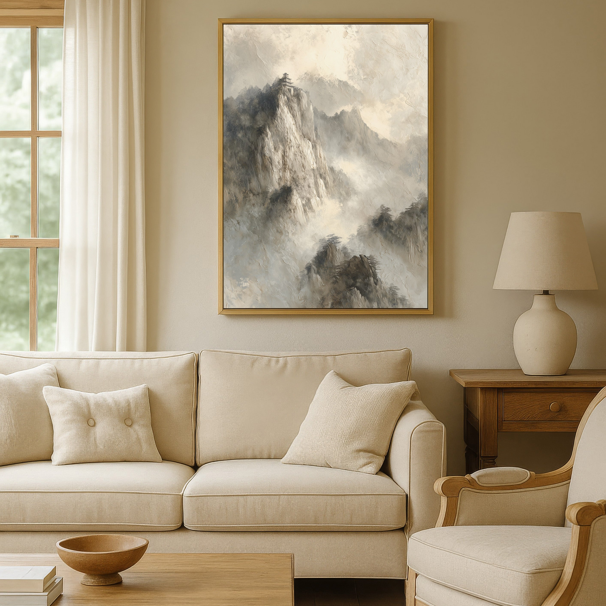 a cozy living room with a large painting of a mountain landscape hanging on the wall above a beige sofa and armchair. The room is furnished with a wooden coffee table and a lamp, creating a warm and inviting atmosphere.