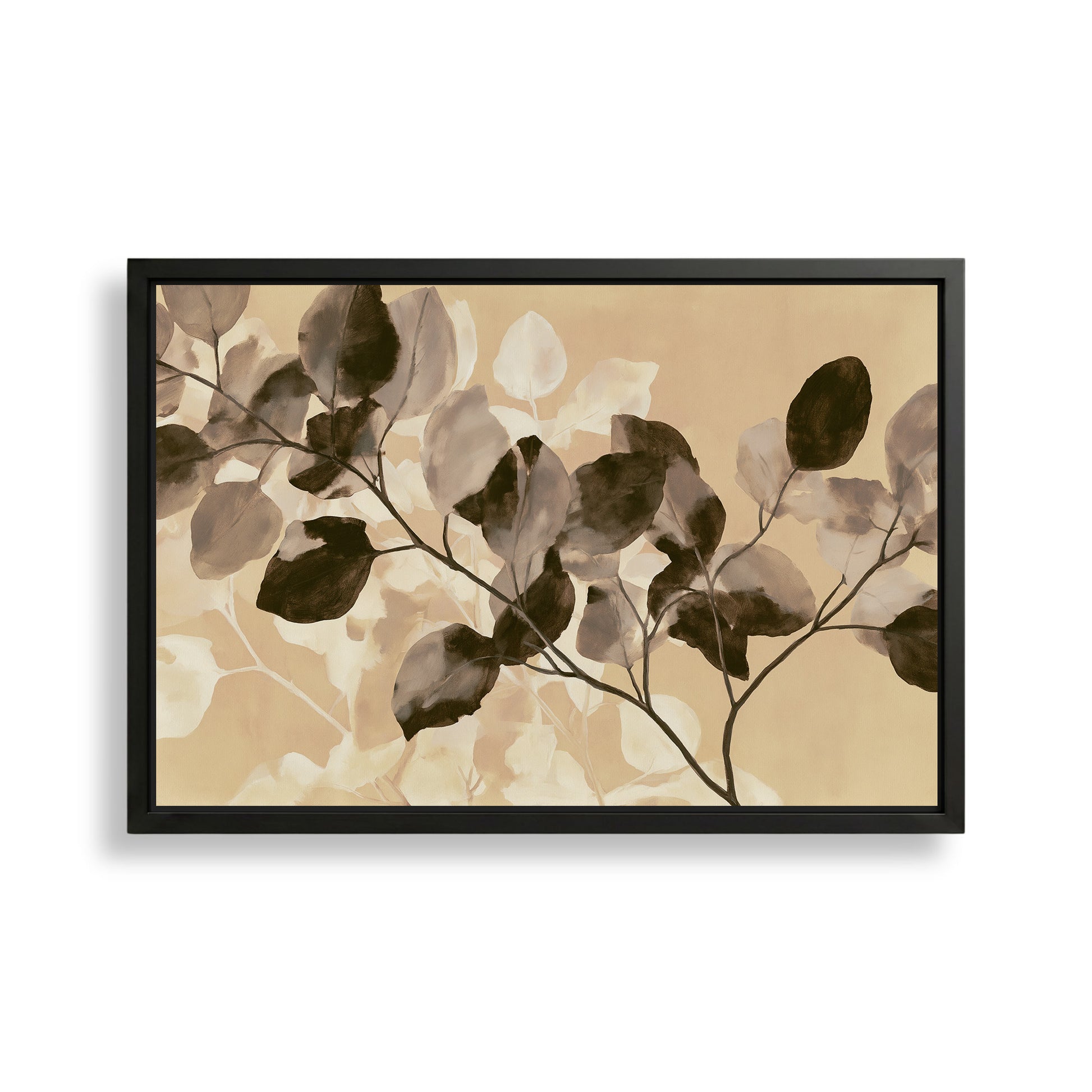 The image is a framed artwork depicting a branch with leaves in a brown and beige color scheme.