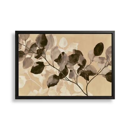 The image is a framed artwork depicting a branch with leaves in a brown and beige color scheme.