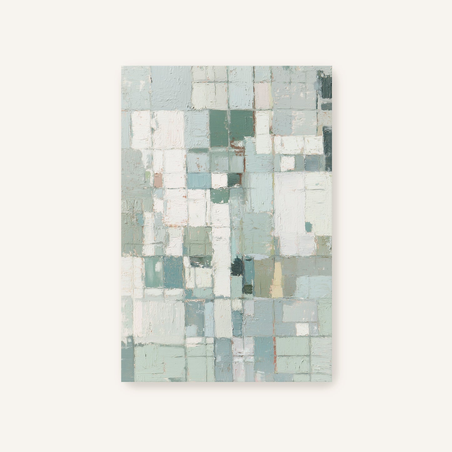 Unframed abstract canvas with layered pastel blue and sage squares.