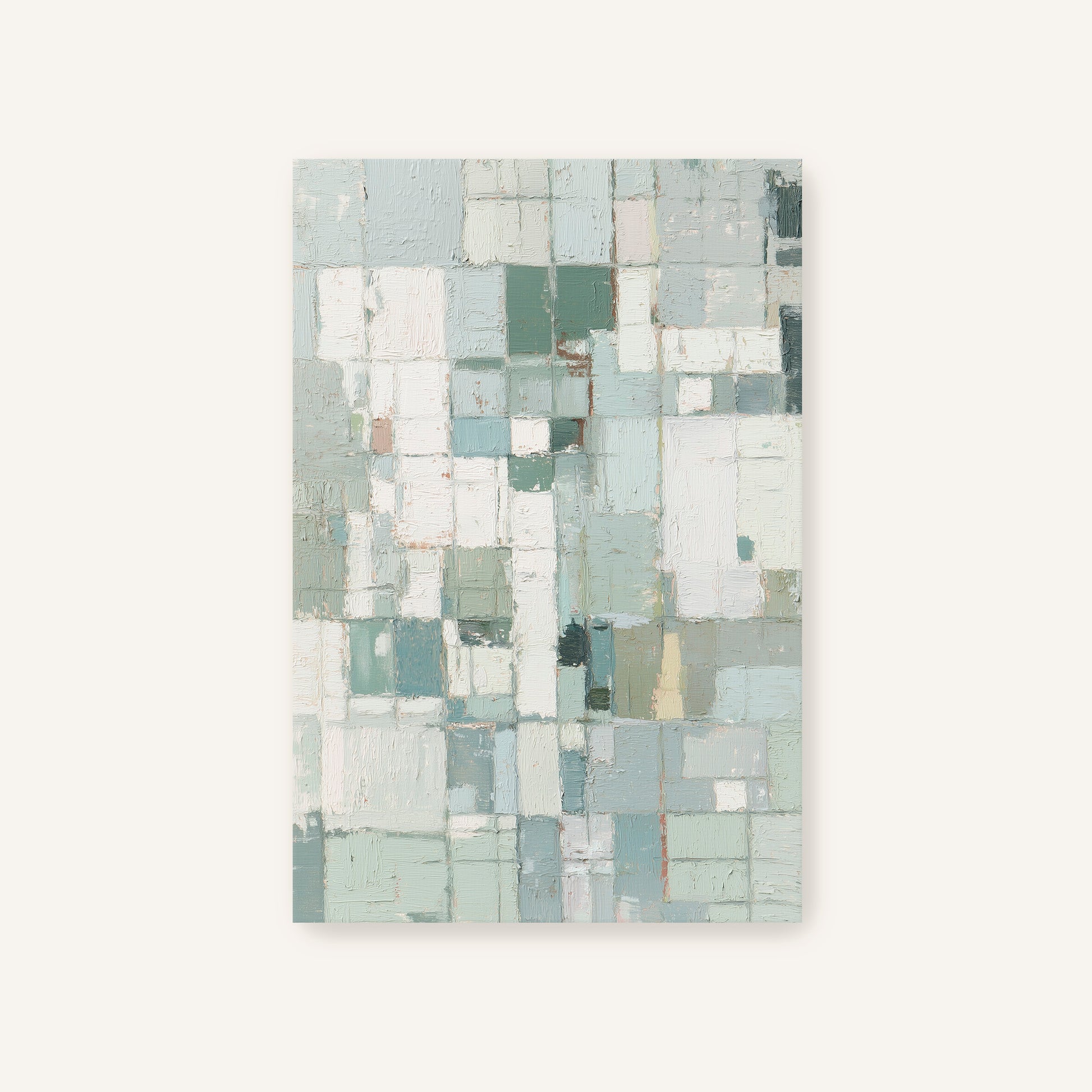 Unframed abstract canvas with layered pastel blue and sage squares.