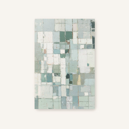 Unframed abstract canvas with layered pastel blue and sage squares.