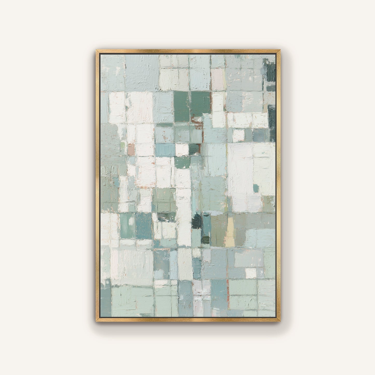 Abstract geometric wall art in gold frame displayed in airy living space.